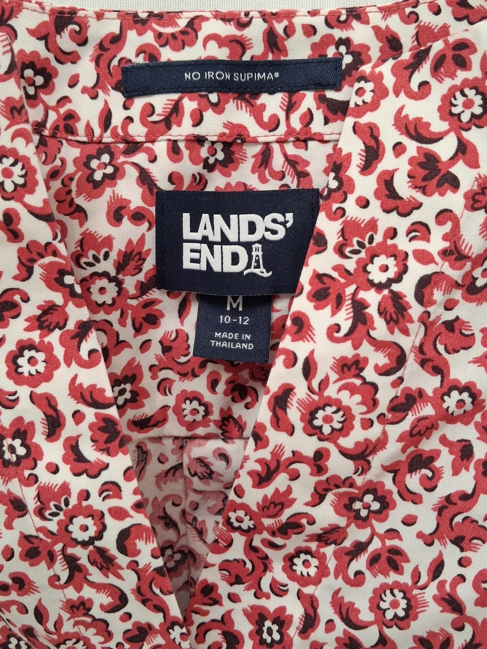 Lands End Womens Red Floral No Iron Supima Cotton V-Neck Tunic Blouse M 10-12 - Picture 5 of 5